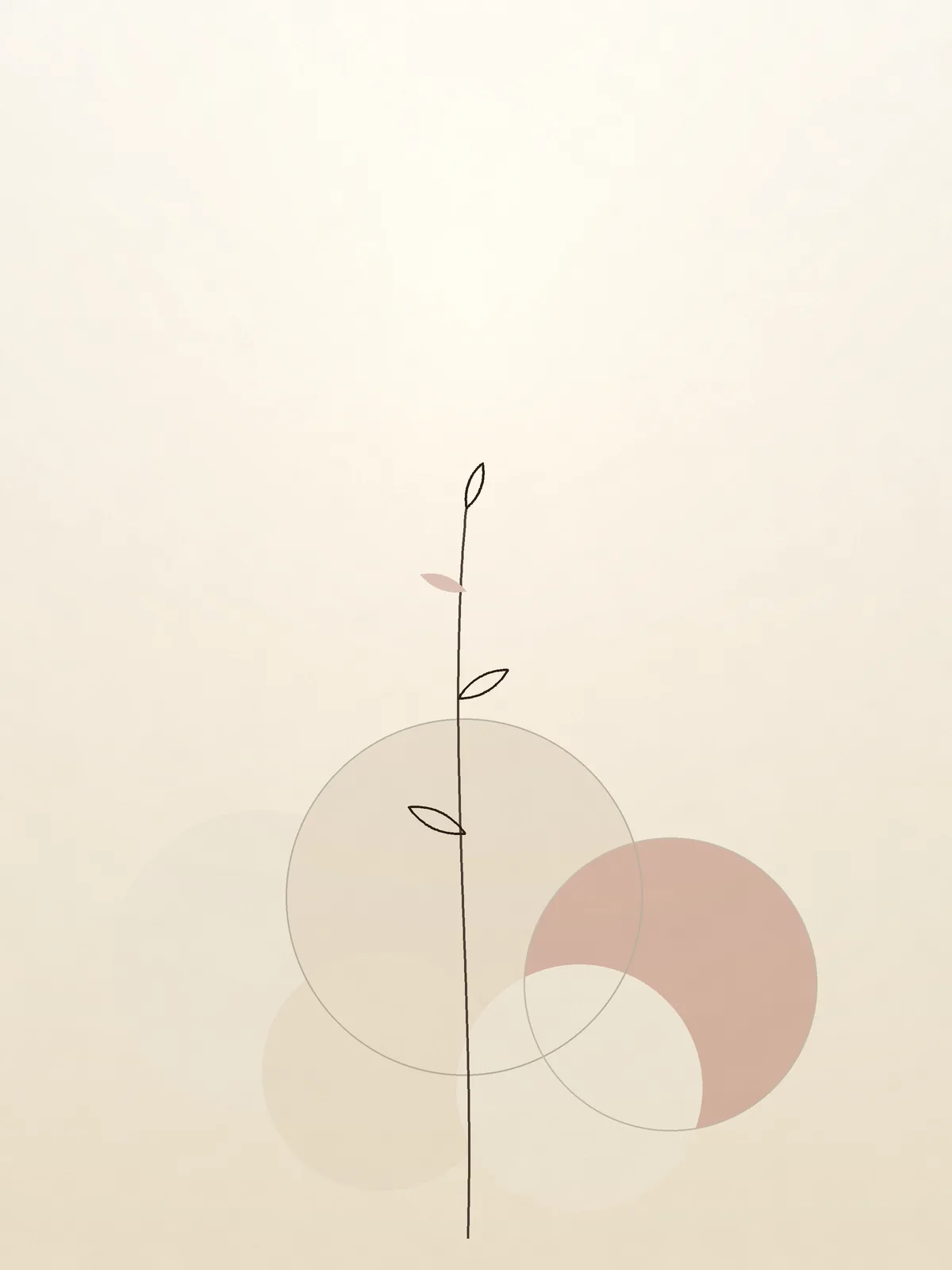 Abstract arch artwork of overlapping translucent circles in sand, beige and dusty rose gathered low in the frame like people seated in conversation, with a fine line-art stem rising between them.