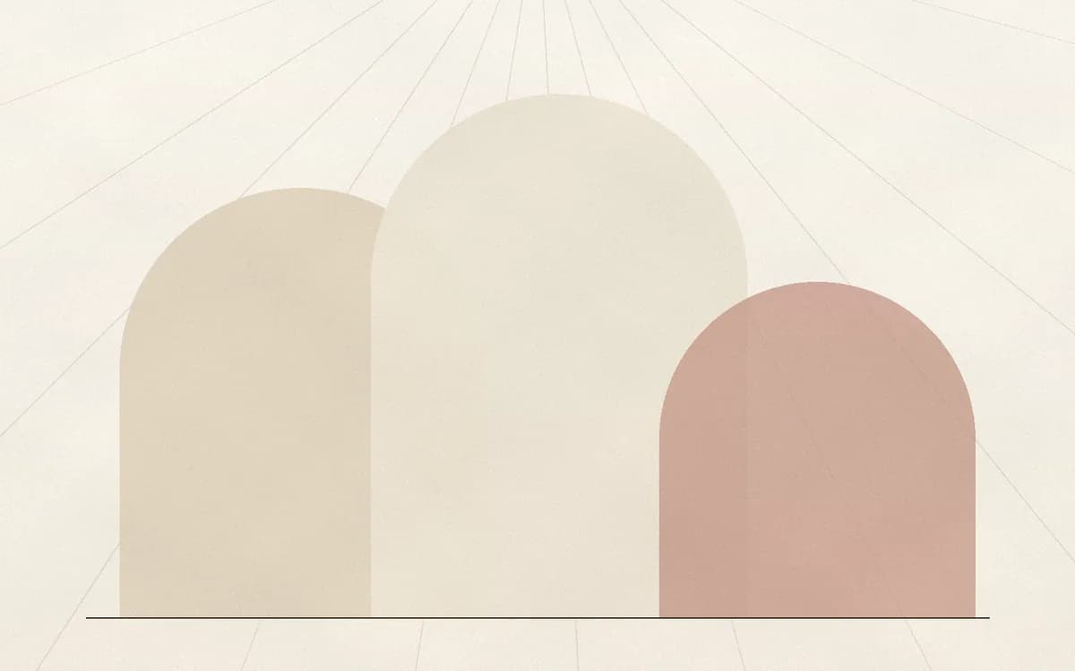 Abstract arch artwork of three overlapping translucent arch silhouettes in sand, beige and dusty rose.