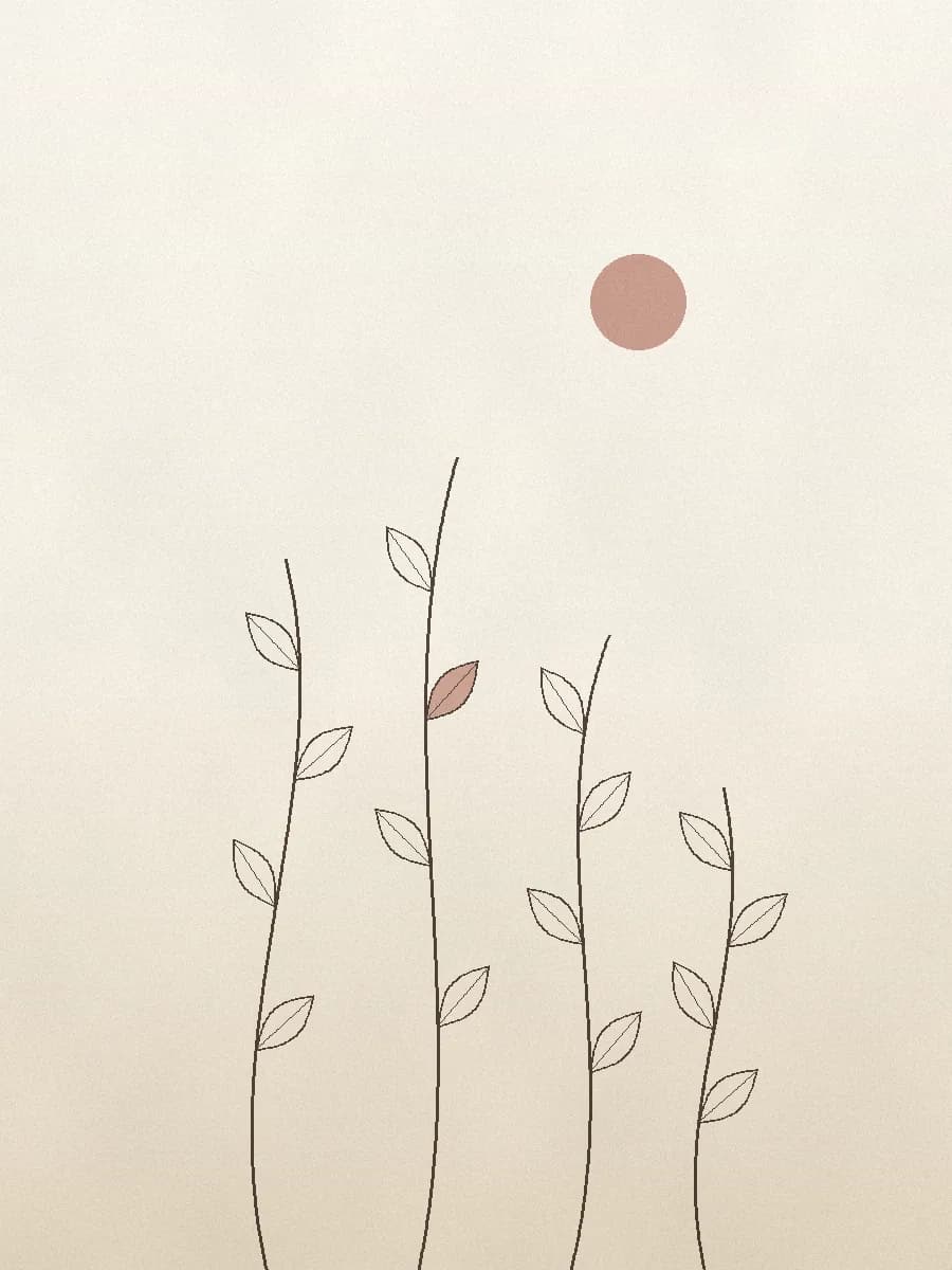 Abstract botanical artwork of fine line-art stems and leaves rising over a warm sand gradient, with a small dusty-rose sun.