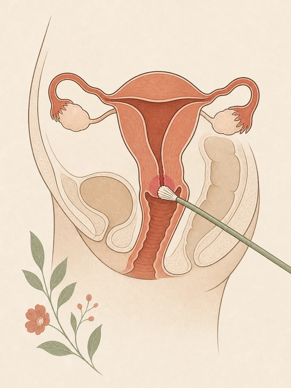 Illustration of a side-view cross section of the uterus, cervix and vaginal canal in terracotta on cream, with a soft-tipped brush touching the surface of the cervix to show where screening cells are collected from.