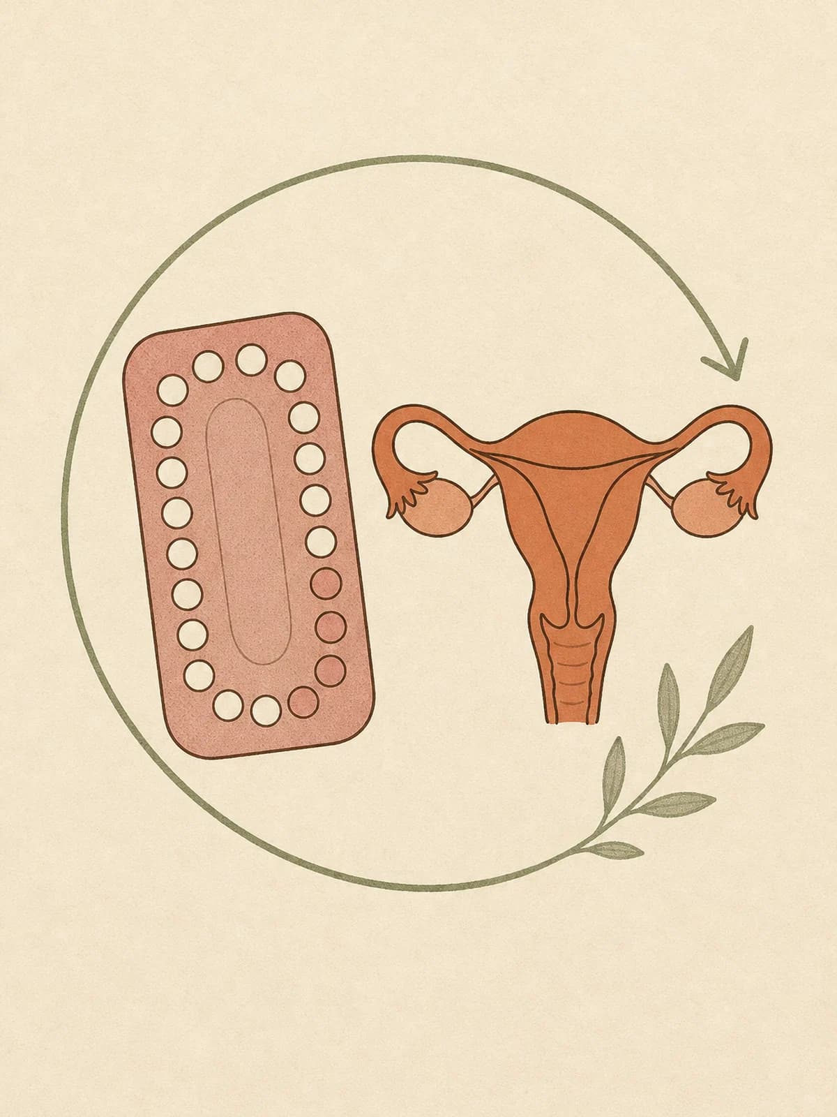 Illustration of a blister pack of pills beside a uterus and ovaries on cream, with a single continuous sage loop circling both to show a cycle held steady.