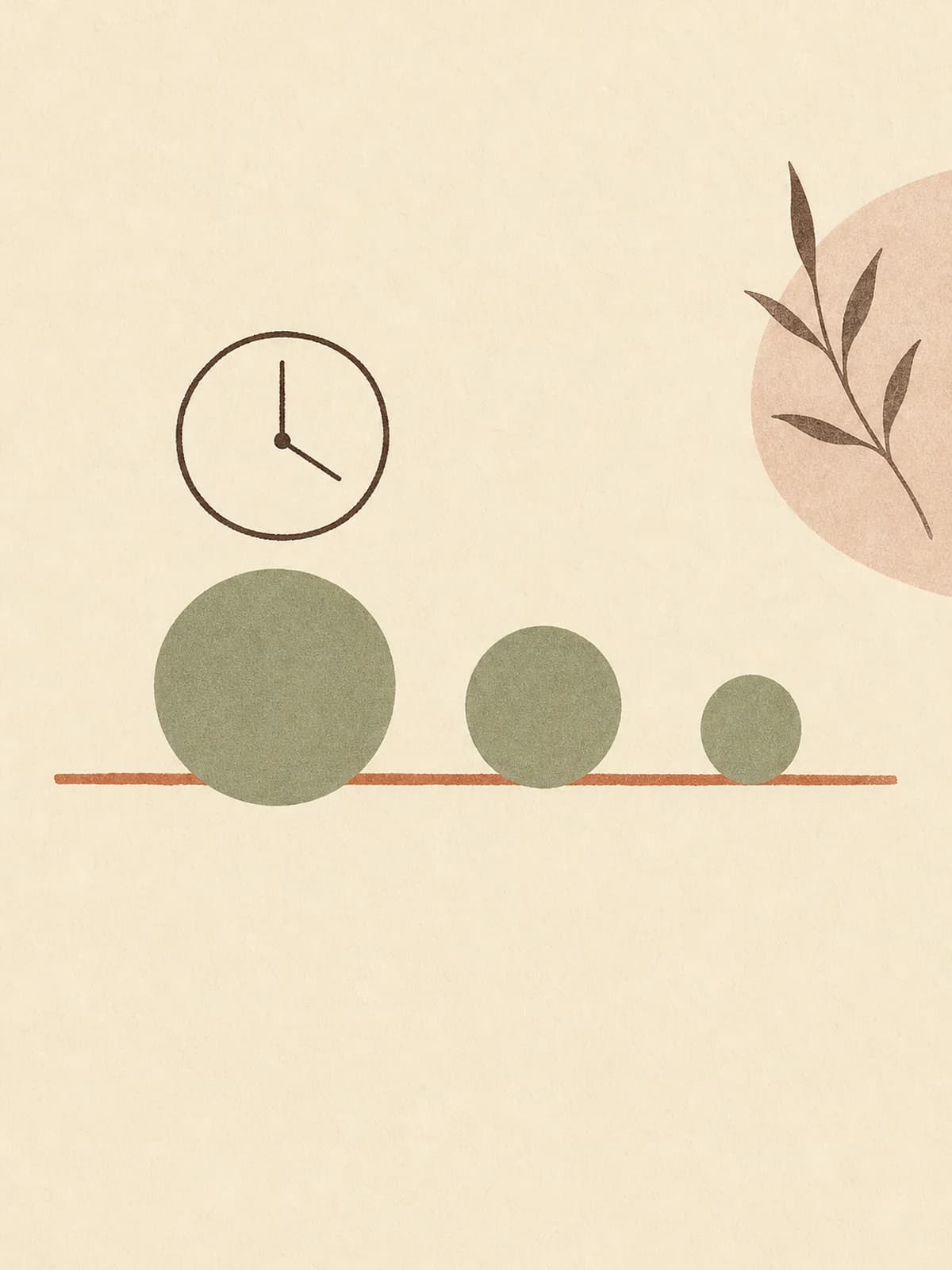 Illustration of three sage circles shrinking from left to right along a terracotta line beneath a simple clock, showing effectiveness falling as time passes.