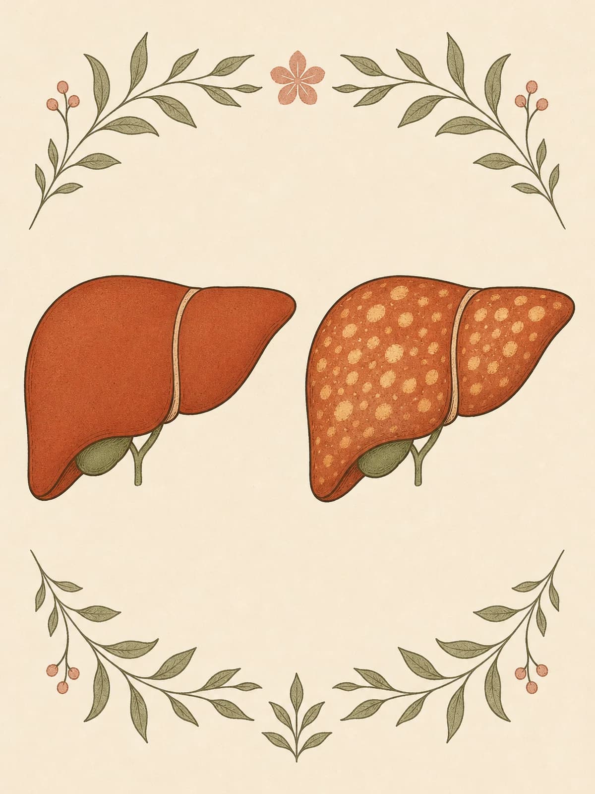 Illustration of two livers side by side on cream, one smooth and clear in deep terracotta and the other the same shape but flecked throughout with pale droplets of fat.