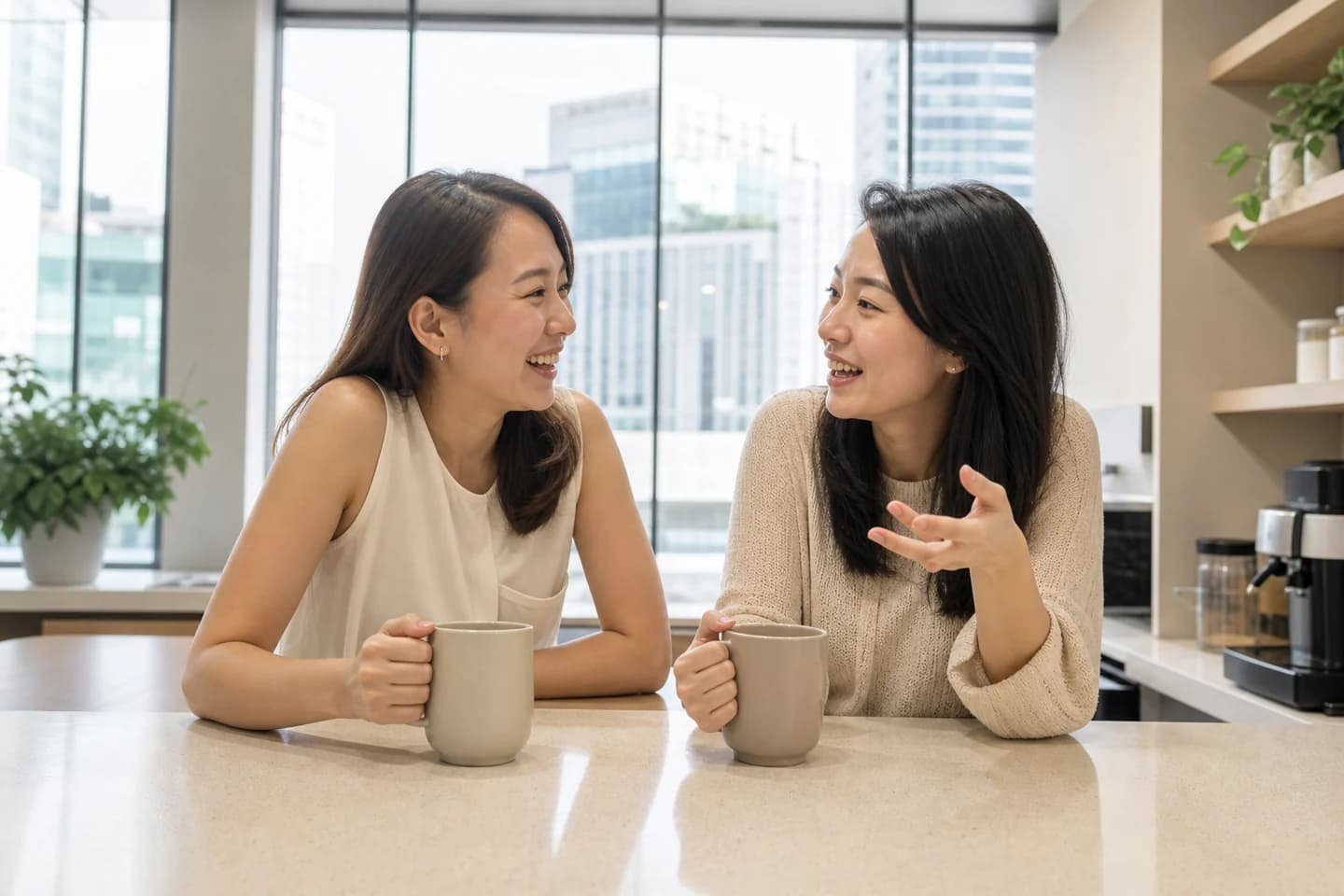 Two women lean on the counter of a bright office pantry with mugs in hand, one gesturing as the other laughs.