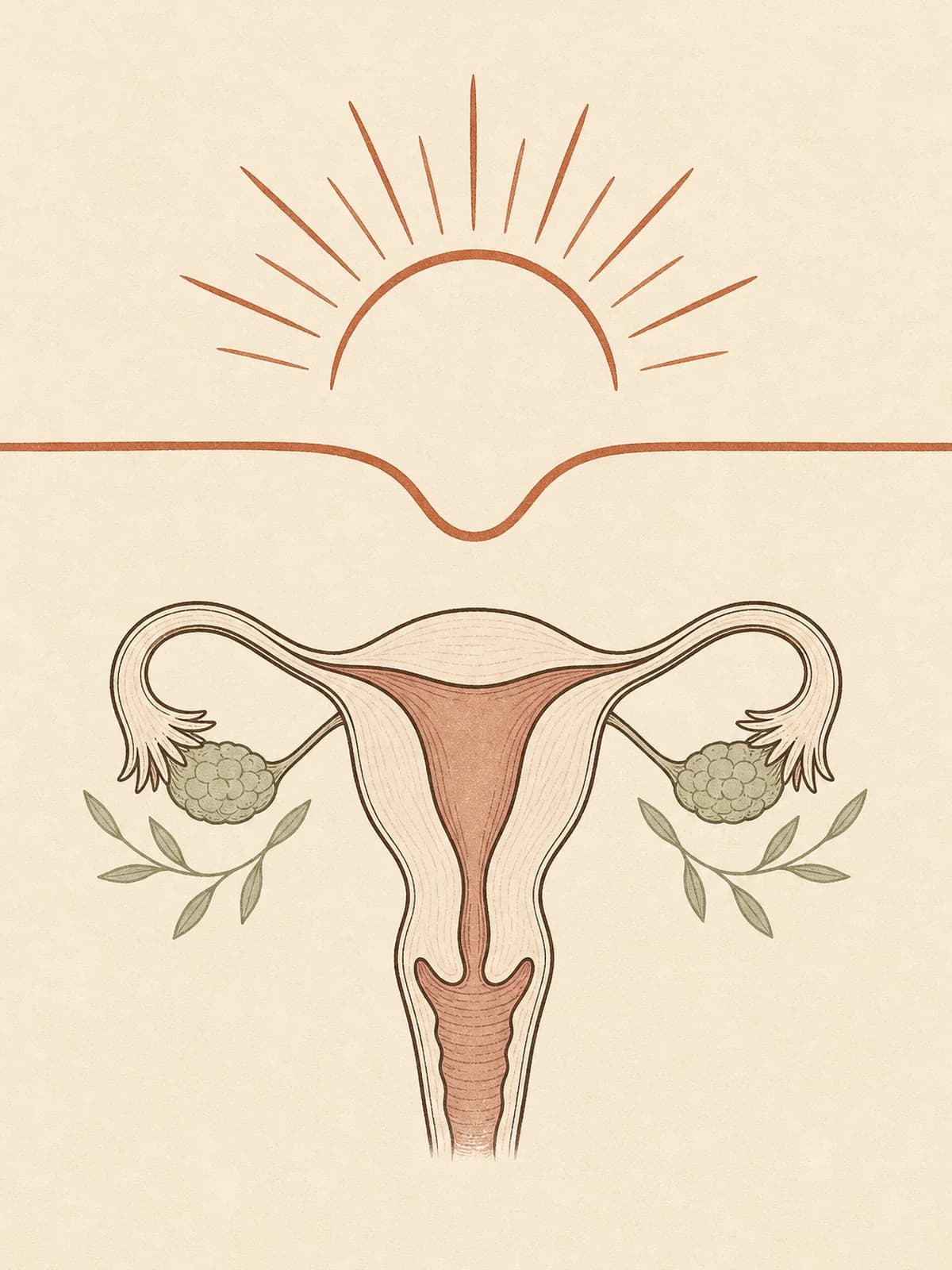 Illustration of a uterus and ovaries in sage on cream beneath a terracotta line that has descended and then levelled off flat, with a small rising sun above.