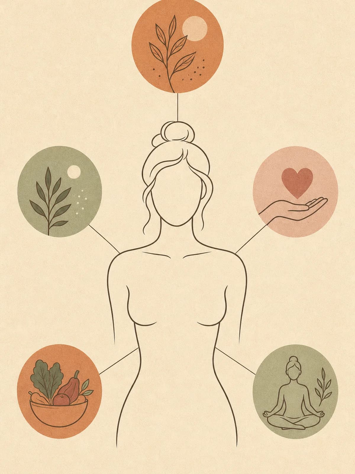 Illustration of a woman's torso outlined in ink on cream, with five filled terracotta and sage circles arranged around her, each joined to the torso by a single thin hairline.