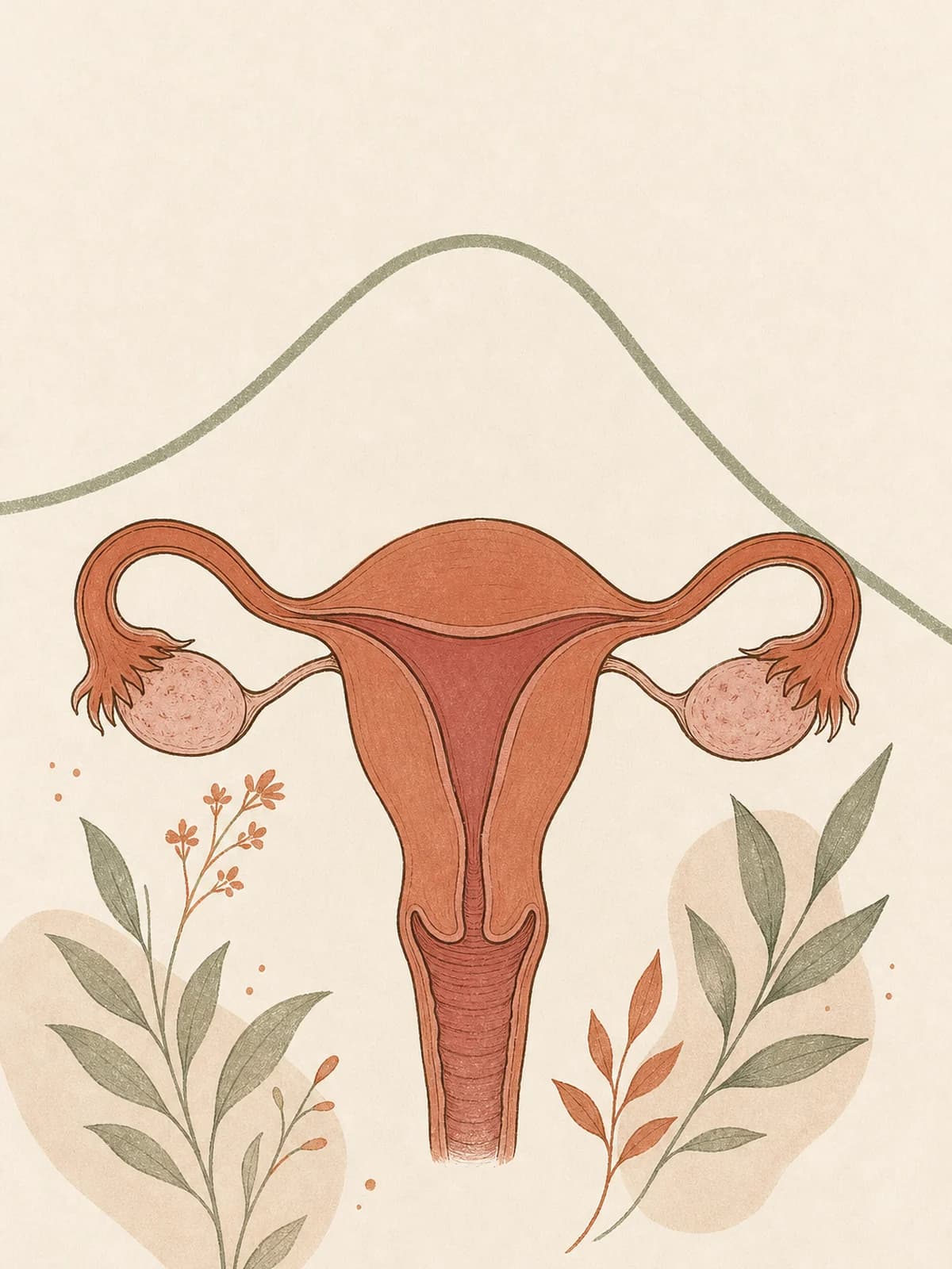 Illustration of a uterus and ovaries in terracotta on cream, with a long sage curve behind them that rises and then falls, showing hormone levels changing gradually across years.