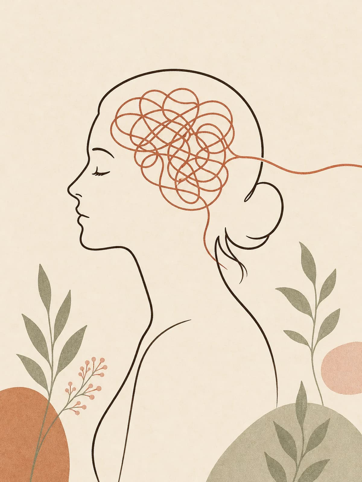 Illustration of a woman's head in profile drawn as one ink line, a tangled terracotta thread inside it emerging and continuing outward as a single calm line.